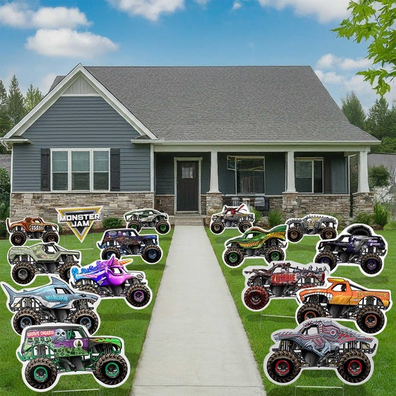 Monster Jam 15-Piece Mega Yard Kit– Outdoor Lawn Display for Birthday Parties or Use as Indoor Decor. 14 Truck Signs and 1 Logo Yard Sign.