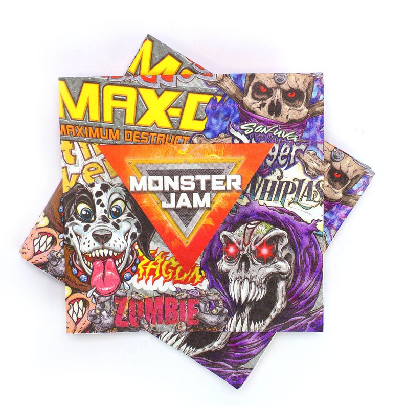 May include: A collage of colorful paper squares with images of skulls, flames, and the words "Max-D Maximum Destruction", "Monster Jam", and "Zombie Whimpias".