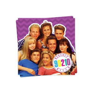 May include: A set of 8 paper napkins featuring a group of 7 people, with the text "Beverly Hills 90210" in a colorful circle. The background is a purple chevron pattern.