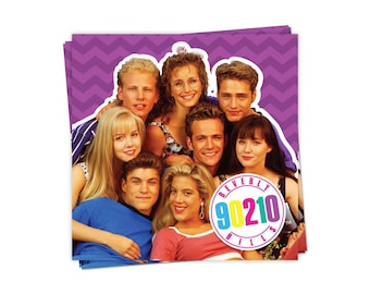 May include: A set of 8 paper napkins featuring a group of 7 people, with the text "Beverly Hills 90210" in a colorful circle. The background is a purple chevron pattern.