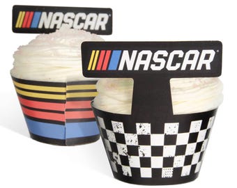 NASCAR Cupcake Wrappers with Picks | Racing Party Decorations | Checkered Flag & Stripe Cupcake Toppers