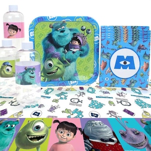 May include: A collection of Monsters, Inc. themed party supplies. Includes clear plastic bottles with character labels, square plates, napkins, and a patterned tablecloth. The plates and napkins feature the Monsters, Inc. logo and characters.