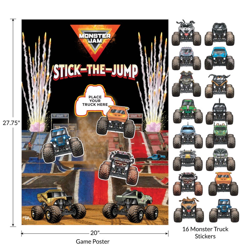 May include: A Monster Jam Stick-the-Jump game poster featuring a red, white, and blue racetrack with a monster truck jumping over a ramp. The poster includes 16 monster truck stickers. The poster is 20 inches wide and 27.75 inches tall.