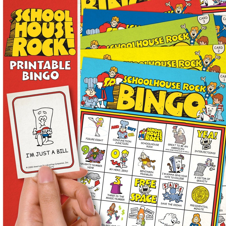 Puede incluir: Un juego de bingo imprimible de Schoolhouse Rock con un esquema de colores amarillo, rojo y azul. El tablero de juego presenta im&aacute;genes y frases de la popular serie de televisi&oacute;n educativa. El juego est&aacute; dise&ntilde;ado para que los jugadores coincidan las im&aacute;genes y frases de sus tarjetas con las que se anuncian en el juego.