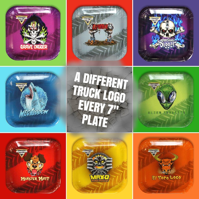 Puede incluir: Nueve platos de papel cuadrados de 17,8 cm con diferentes logotipos de camiones Monster Jam. Los platos est&aacute;n decorados con una variedad de colores y dise&ntilde;os, incluyendo Grave Digger, Megalodon, Alien Invasion, Monster Mutt, Max-D y El Toro Loco.