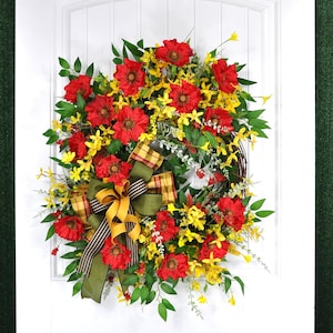 Yellow and Red Floral Wreath for your door, Summer Sunflower Wreath, Housewarming Gift for a loved one, Gift for Mom, Floral Door Decor