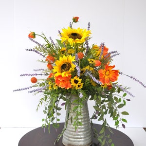 Sunflower Centerpiece, Farmhouse Table Decor, Gift for Mom, Housewarming Gift, Yellow and Orange Arrangement, Summer Floral Arrangement