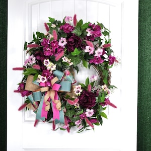 Spring and Summer Wildflower Wreath in Burgundy and Mauve, Housewarming Gift for loved one, Gift for Mom, Floral Door Decor, Peony Wreath