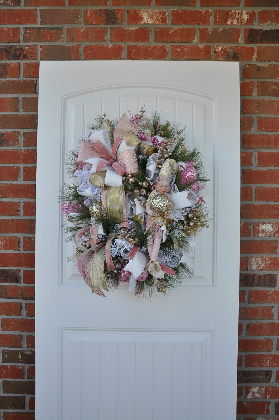 Pink Gold and White Holiday Wreath With an Elf Christmas Etsy