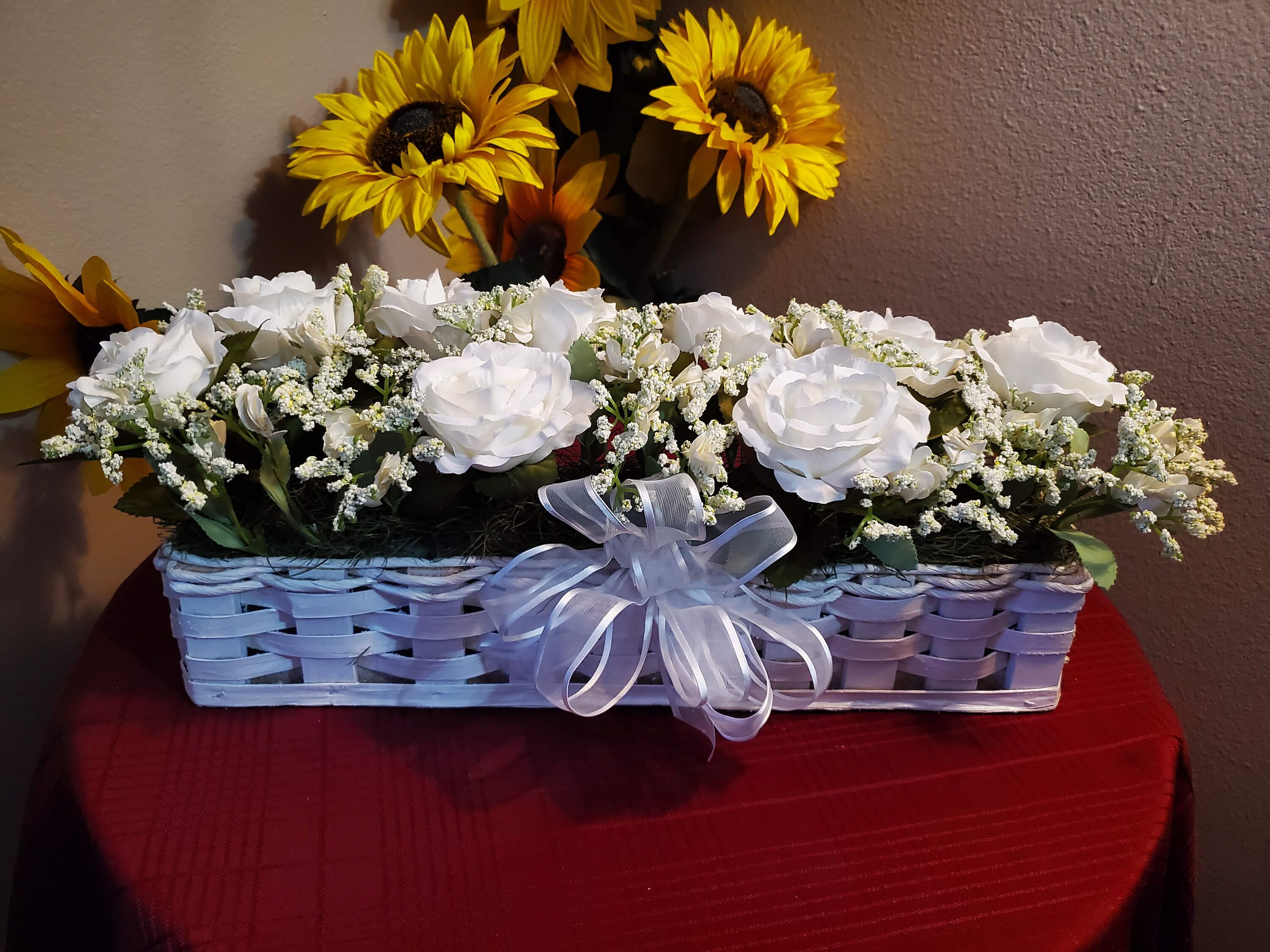 White square wicker basket with white rose flower arrangement Etsy