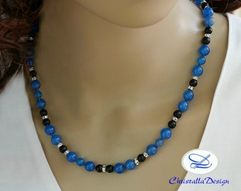 Blue agate necklace with onyx, gemstone necklace, necklace, agate necklace, 49 cm long, unique