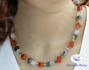 Cadena de cristal de roca con coral + turmalina, cadena de piedras preciosas, collar, cadena de cristal de roca, cadena de cristal de roca con turmalina, 48 cm de largo, única