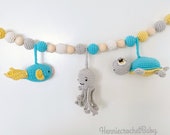 Kinderwagen spanner, gehaakte kinderwagen ketting, zeedieren, zoenvis, inktvis, zeeschildpad, verstelbaar op maat met koordstopper en clips.