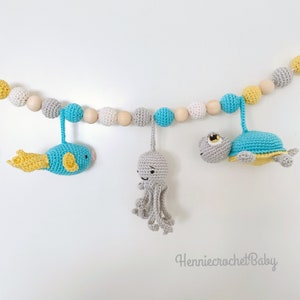 Kinderwagen spanner, gehaakte kinderwagen ketting, zeedieren, zoenvis, inktvis, zeeschildpad, verstelbaar op maat met koordstopper en clips.