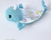 Gehaakte walvis babyknuffel, knuffeldoekje, zeedieren, gehaakte blauwe vinvis, kraamcadeau