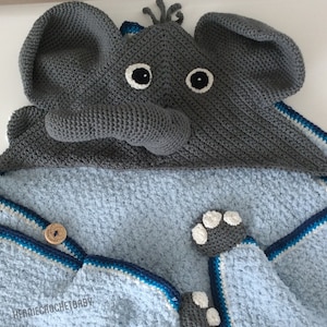 Manta de bebé elefante con capucha, chal de bebé, manta de ganchillo, manta de peluche de elefante, manta de juego, capa de baño, tela para cambiador de bebé