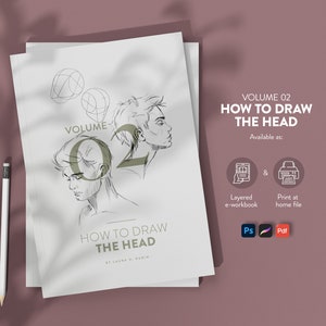 May include: A stack of two white workbooks with the title "How to Draw the Head" and the text "Volume 02". The cover features pencil sketches of male faces. A white pencil rests on the lower left. The background is a muted mauve color.