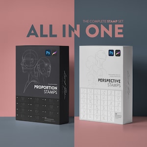 May include: Two boxes of digital art stamps. One black box labeled "Proportion Stamps" with a diagram of a face. The other white box is labeled "Perspective Stamps" with multiple face diagrams. The text "All in One" is at the top.