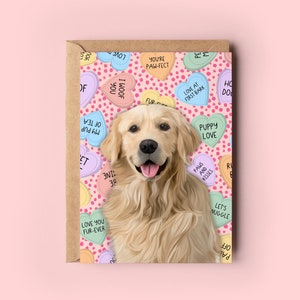 Tarjeta de aniversario Golden Retriever Candy Hearts / Tarjeta de felicitación Dog Pun / Tarjeta del perro / Tarjeta para ella / Tarjeta para él / Tarjeta de San Valentín