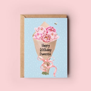 Tarjeta de cumpleaños personalizada con peonías / Tarjeta de felicitación con ramo de peonías rosas / Tarjeta de cumpleaños floral / Tarjeta para mamá, hermana, hija, amiga, abuela