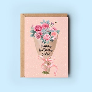 Tarjeta de cumpleaños rosa personalizada / Tarjeta de felicitación de ramo de rosas rosas / Tarjeta de cumpleaños floral / Tarjeta para mamá, hermana, hija, amiga, abuela
