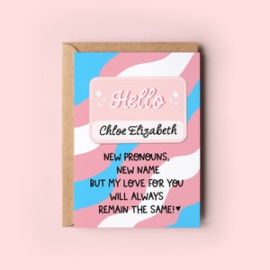 Tarjeta de cambio de nombre trans / Nuevos pronombres, nueva tarjeta de nombre / Tarjeta de felicitación del Orgullo LGBTQ / Orgullo trans / Cambio de nombre trans / Tarjeta para salir del armario trans