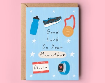 Tarjeta de felicitación personalizada para maratón, ¡Buena suerte en tu maratón!, ¡Felicitaciones al corredor! (Ilustraciones)