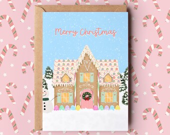 Gingerbread House Christmas Card: Happy Holidays Illustrated Snow Scene, Festive Greeting