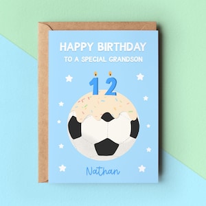 Tarjeta de cumpleaños de fútbol, tarjeta de feliz cumpleaños para nieto, tarjeta personalizada, tarjeta de pastel de fútbol, tarjeta de cumpleaños para niño, tarjeta de fútbol, tarjeta con velas