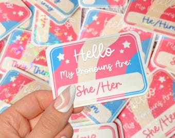 Trans Pronouns Holographic Vinyl Sticker: LGBTQ Pride, Trans Flag
