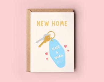 Tarjeta personalizada para estrenar casa, regalo de inauguración, diseño ilustrado con llave de casa nueva.