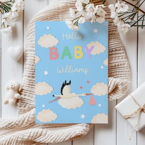 Tarjeta personalizada de nacimiento, tarjeta de niña, tarjeta de niño, bienvenida al mundo, tarjeta de "Hola bebé", tarjeta de "Nuevo nieto", tarjeta con ilustración de cigüeña