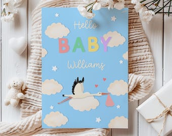 Personalised New Baby Card, Baby Girl Card, Baby Boy Card, Welcome To The World, Hello Baby Card, New Grandchild, Stork Illustration Card