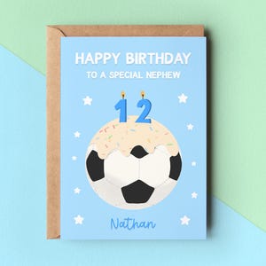 Tarjeta de cumpleaños para sobrino, tarjeta personalizada, tarjeta de feliz cumpleaños para sobrino, tarjeta de pastel de fútbol, tarjeta de cumpleaños para niño, tarjeta con vela de cumpleaños