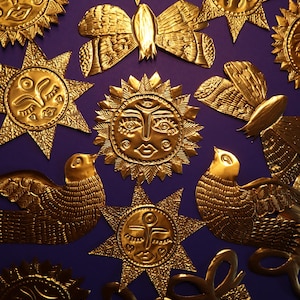 Set of 6 ‘golden’ Handmade Embossed pressed tin decorations. Metal Ornament. Metal pressed art