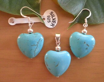 Parures Pendentifs et Boucles d'oreilles-Turquoise-Argent massif