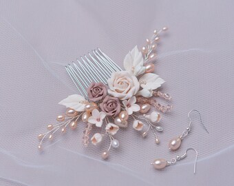 BRIDAL HAIR COMB// Rosen Blumenkamm, Hochzeit Haargesteck, Braut Kopfschmuck mit Blumen, Perlen Haarkamm, Haar-Accessoires Made in Germany