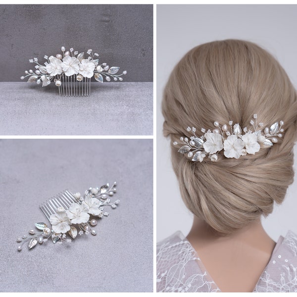 BRAUT HAARSCHMUCK Blumenkamm Haarkamm Brautschleierkamm Süßwasser Perlen Hochzeit Kopfschmuck Handmade Bridal Headpiece