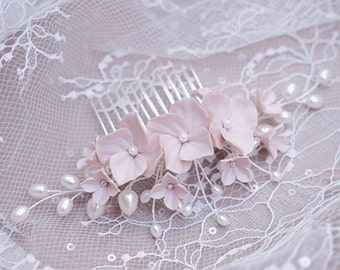 Bridal Hair Jewelry Hair Accessories Ceramic Hydrangea Flowers & Freshwater Pearls Wedding Headpiece Made in Germany