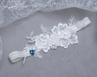 HOCHZEIT BRAUT STRUMPFBAND Spitzenblumen mit Crystal Herzchen in blau Hochzeit Accessoires Brautgeschenk Wedding Bridal Garter