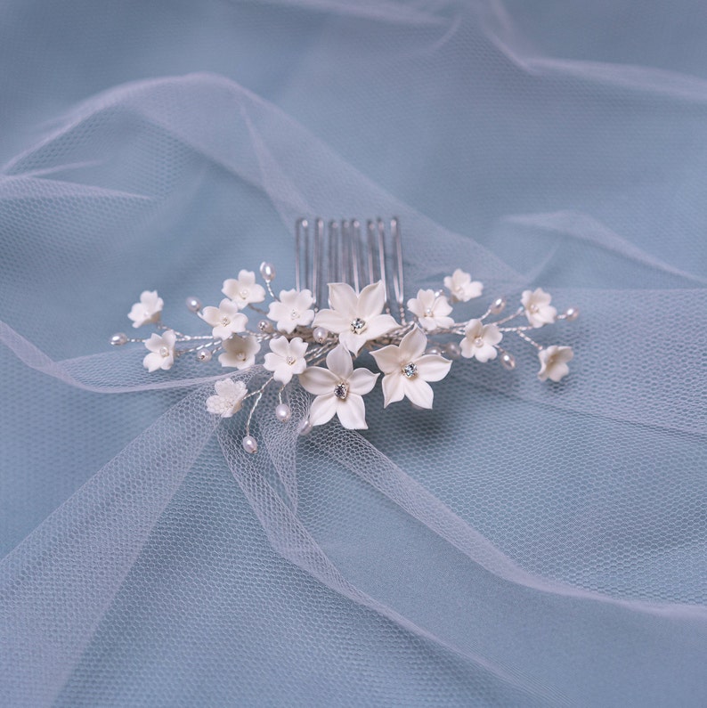 Wedding Bridal Hair Accessories Flower Comb IVORY Jasmine Flowers & Freshwater Pearls Bridal Veil Hairpiece Wedding Headpiece Hair Comb image 6