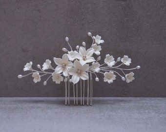 Accessori per capelli da sposa Pettine per fiori AVORIO Fiori di gelsomino e perle d'acqua dolce Velo da sposa Parrucchino Copricapo da sposa Pettine per capelli