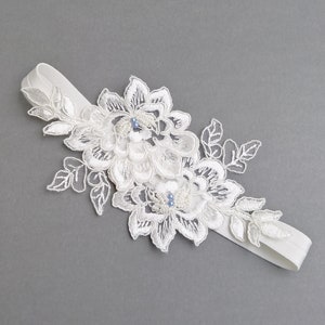 WEDDING GARTER delicate lace flowers embroidered with blue and ivory pearls Wedding Bridal Garter