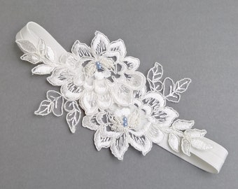 WEDDING GARTER delicate lace flowers embroidered with blue and ivory beads Wedding Bridal Garter