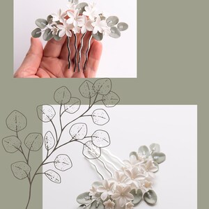 May include: A floral hair comb featuring white flower accents and gray eucalyptus leaves. The comb has silver metal prongs. The text "Jasmin & Eucalyptus" is at the top of the image.