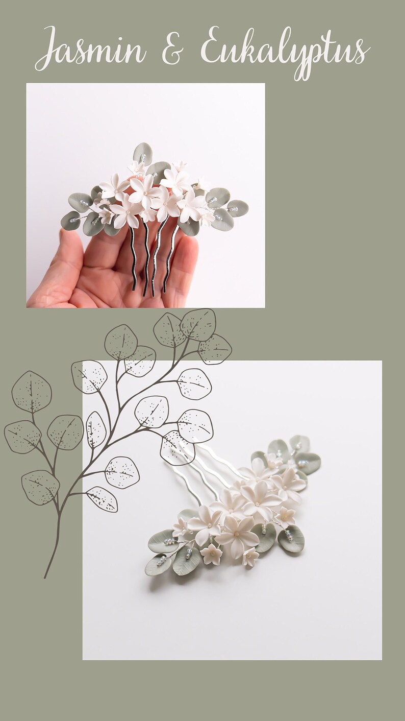 May include: A floral hair comb featuring white flower accents and gray eucalyptus leaves. The comb has silver metal prongs. The text "Jasmin & Eucalyptus" is at the top of the image.