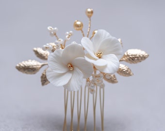 Hochzeit Braut Haarschmuck Blumen Haarkamm Kopfschmuck Haargesteck Blumenkamm ivory gold Headpiece