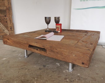 Square coffee table, made of half-timbered beams