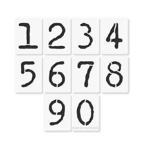 Può includere: Un set di dieci stencil bianchi con numeri neri da 0 a 9. Ogni numero è visualizzato su uno stencil quadrato separato. Gli stencil sono disposti su tre file, con i numeri 1-4 nella riga superiore, 5-8 nella riga centrale e 9 e 0 nella riga inferiore.