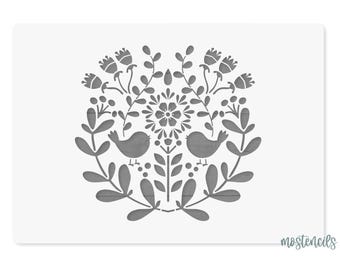 Folk Art Ornament Bird Stencil Reusable motif size 6.49&quot;X6.88&quot; 16,5X17,5 cm